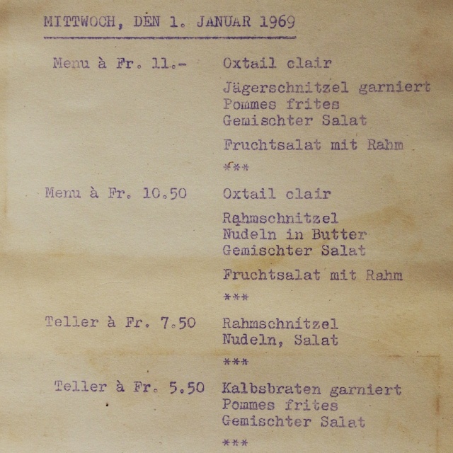 Tagesmenü Arvenbüel 1969